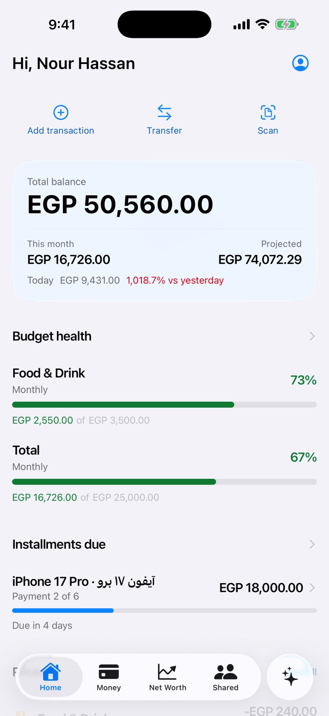 Hekta home: total balance EGP 50,560.00, this month against a projected figure, budget health at 73% for Food and Drink and 67% overall, and an instalment for an iPhone 17 Pro due in four days.