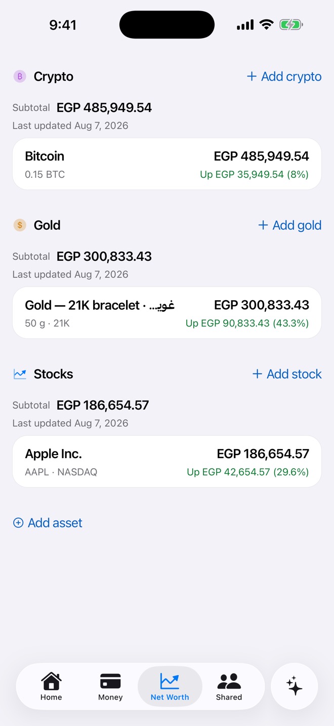 Net worth: Bitcoin, a 50 gram 21 karat gold bracelet valued in Egyptian pounds, and Apple stock, each with its own subtotal and change.