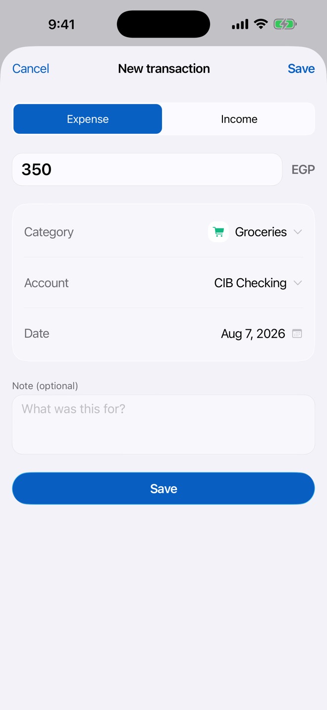 The New transaction sheet: expense or income, an amount of 350 EGP, category Groceries, account CIB Checking, a date and an optional note, above Save.