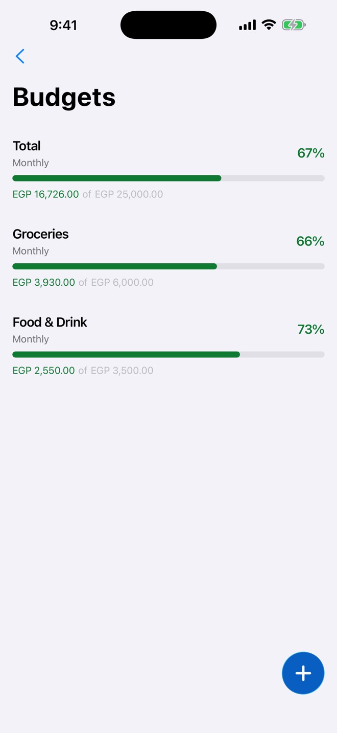 Budgets: monthly ceilings for Total, Groceries and Food and Drink, each showing spent against planned as a proportion.