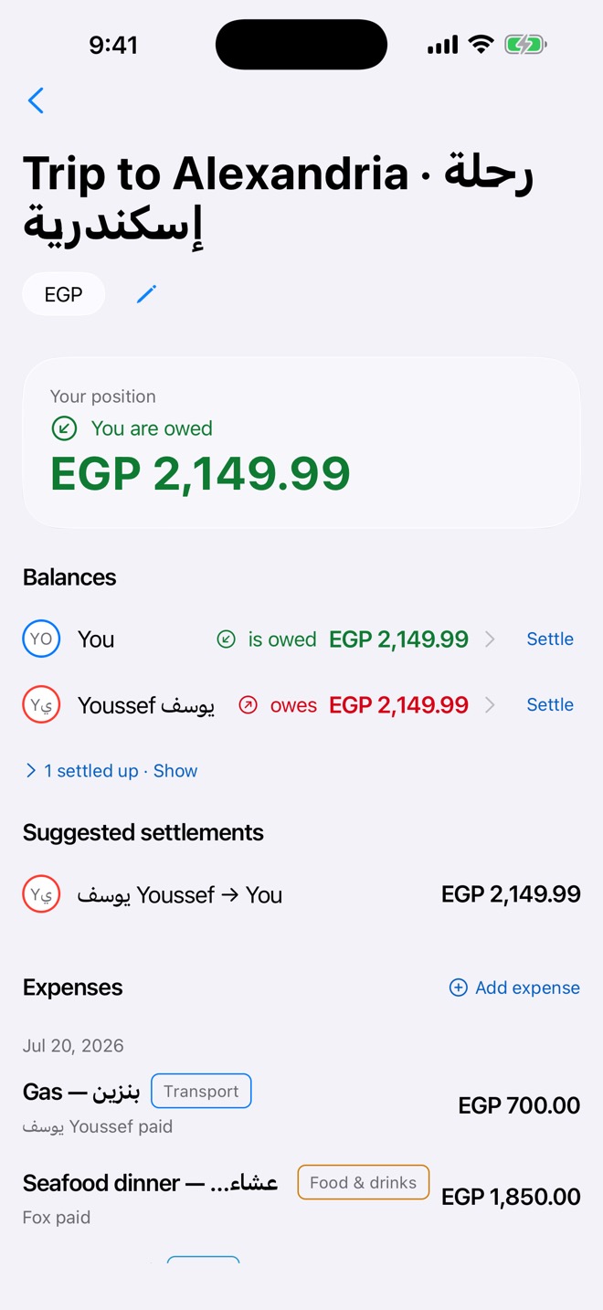 A shared group, Trip to Alexandria, in Egyptian pounds: your position, per-person balances, a suggested settlement, and the expenses behind it.