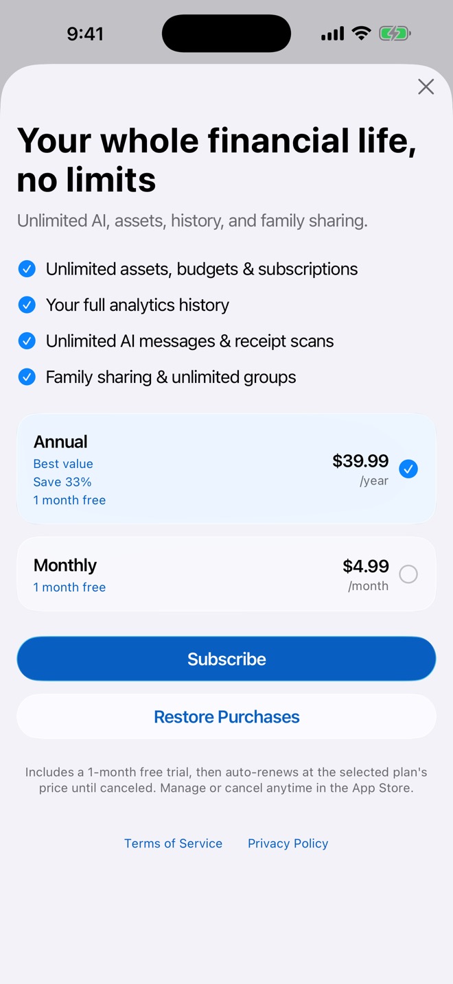 The subscription sheet: what the paid tier unlocks, an annual plan at $39.99 and a monthly at $4.99, both with a free month.