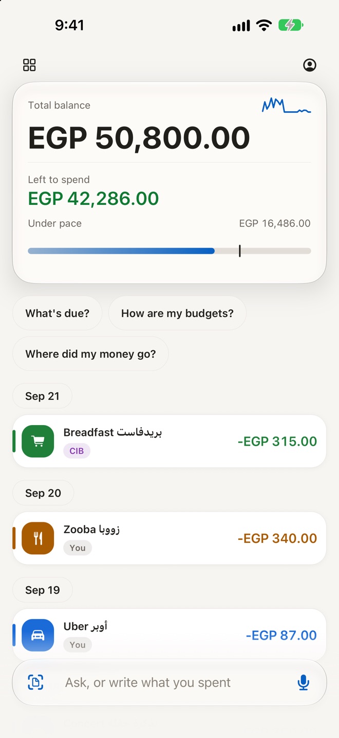 Hekta's feed: a total balance of EGP 50,800.00, EGP 42,286.00 left to spend this month and under pace, three question chips (What's due, How are my budgets, Where did my money go), and the latest payments to Breadfast, Zooba and Uber above a bar to ask or write what you spent.