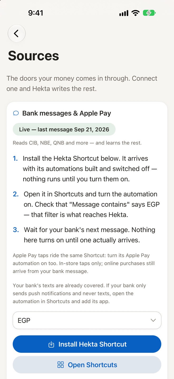 Sources: bank messages and Apple Pay, live with the last message on Sep 21, reading CIB, NBE and QNB. Three steps install the Hekta Shortcut with its automations switched off until you turn them on, filtered to messages in EGP.