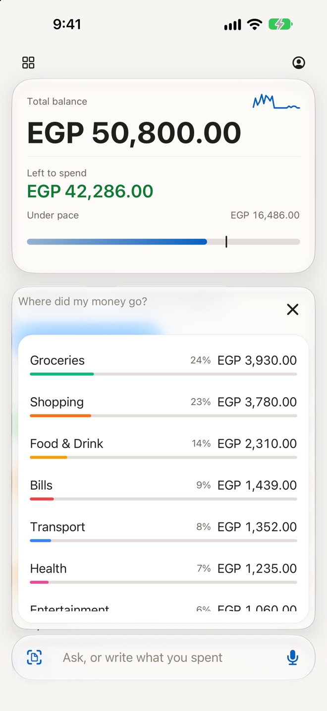 The question Where did my money go, answered under the balance card: Groceries 24% at EGP 3,930.00, Shopping 23%, Food and Drink 14%, Bills, Transport, Health and Entertainment, each with its own bar.