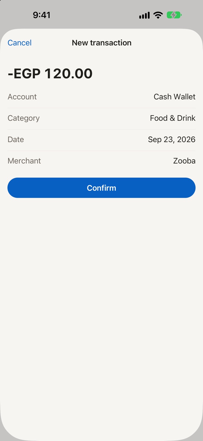 A New transaction sheet waiting on Confirm: minus EGP 120.00 from Cash Wallet, category Food and Drink, dated Sep 23, 2026, merchant Zooba. Nothing is saved until Confirm is tapped.