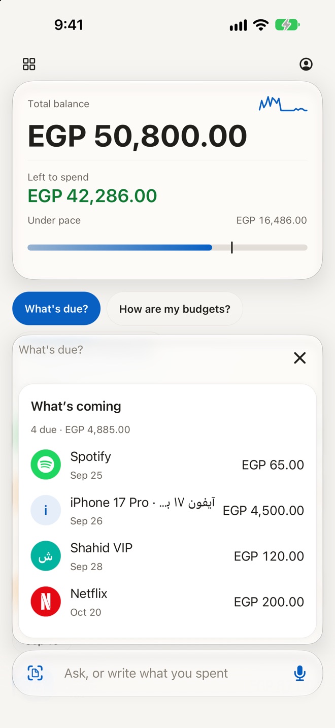 The question What's due: four payments coming, EGP 4,885.00 in total, Spotify on Sep 25, an iPhone 17 Pro instalment of EGP 4,500.00 on Sep 26, Shahid VIP on Sep 28 and Netflix on Oct 20.