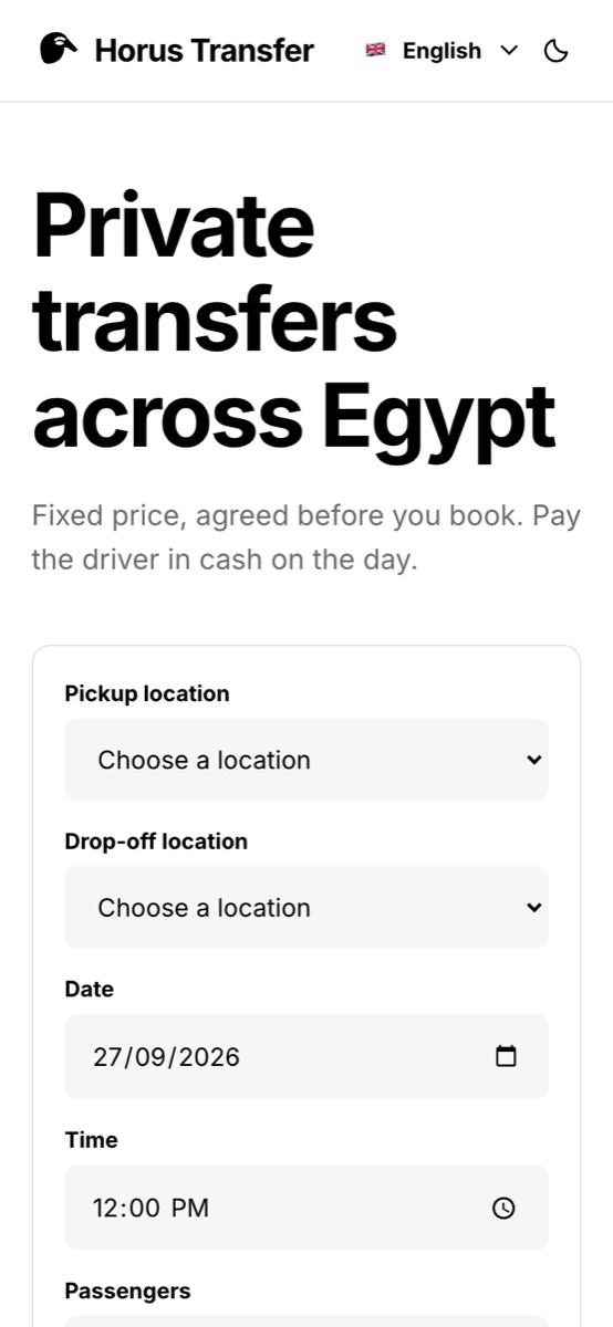 Horus home on a phone: Private transfers across Egypt, fixed price agreed before you book, with pickup, drop-off, date and time fields.