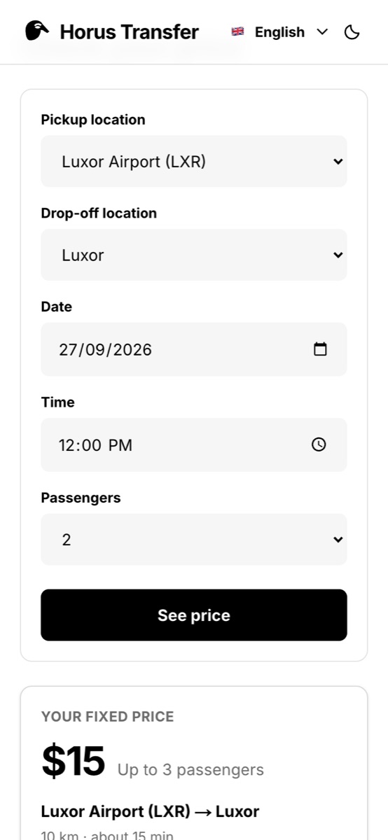 A Horus route page after See price: the fixed fare for the ride, shown before anything is booked.